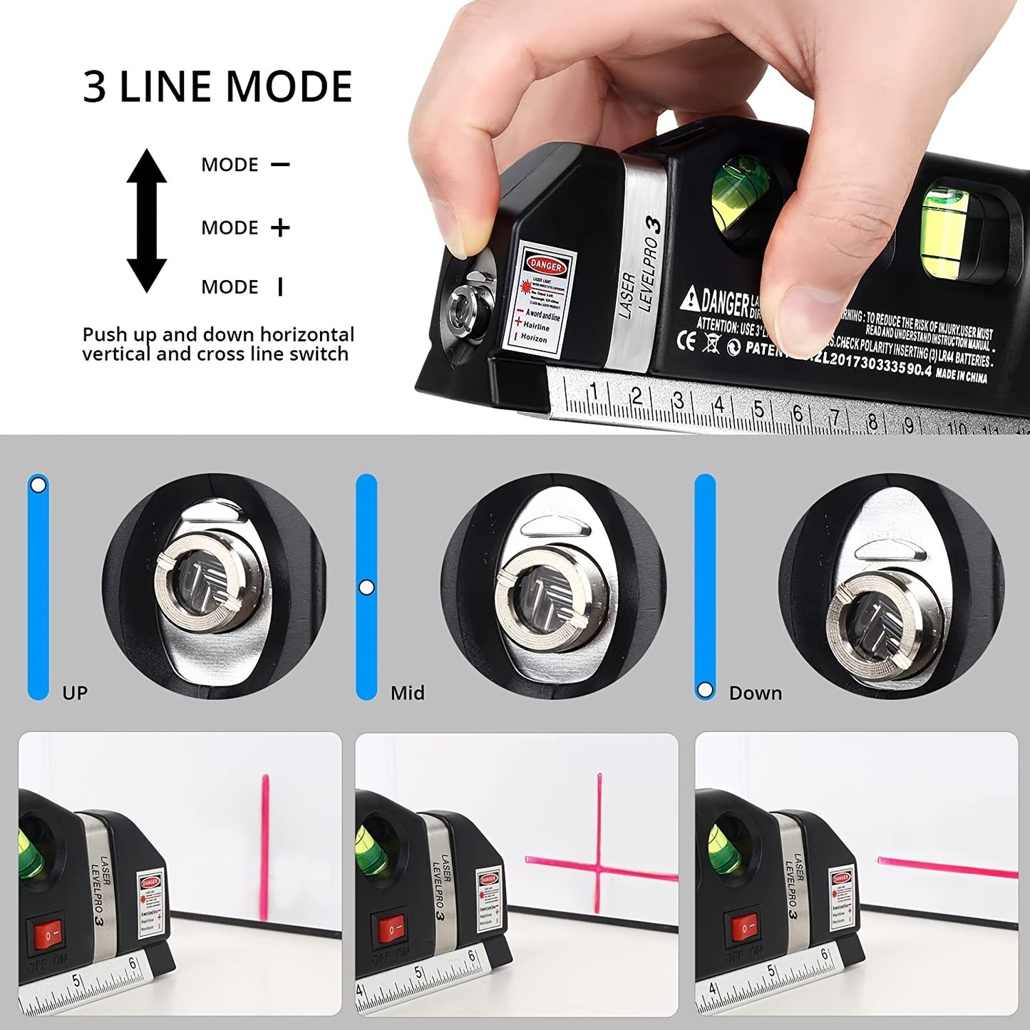 Laser Level, Semlos Multipurpose Line Laser Leveler Tool Cross Line Lasers With 8FT/2.5M Standard Measure Tape And Metric Rulers For Hanging Pictures Tile Walls