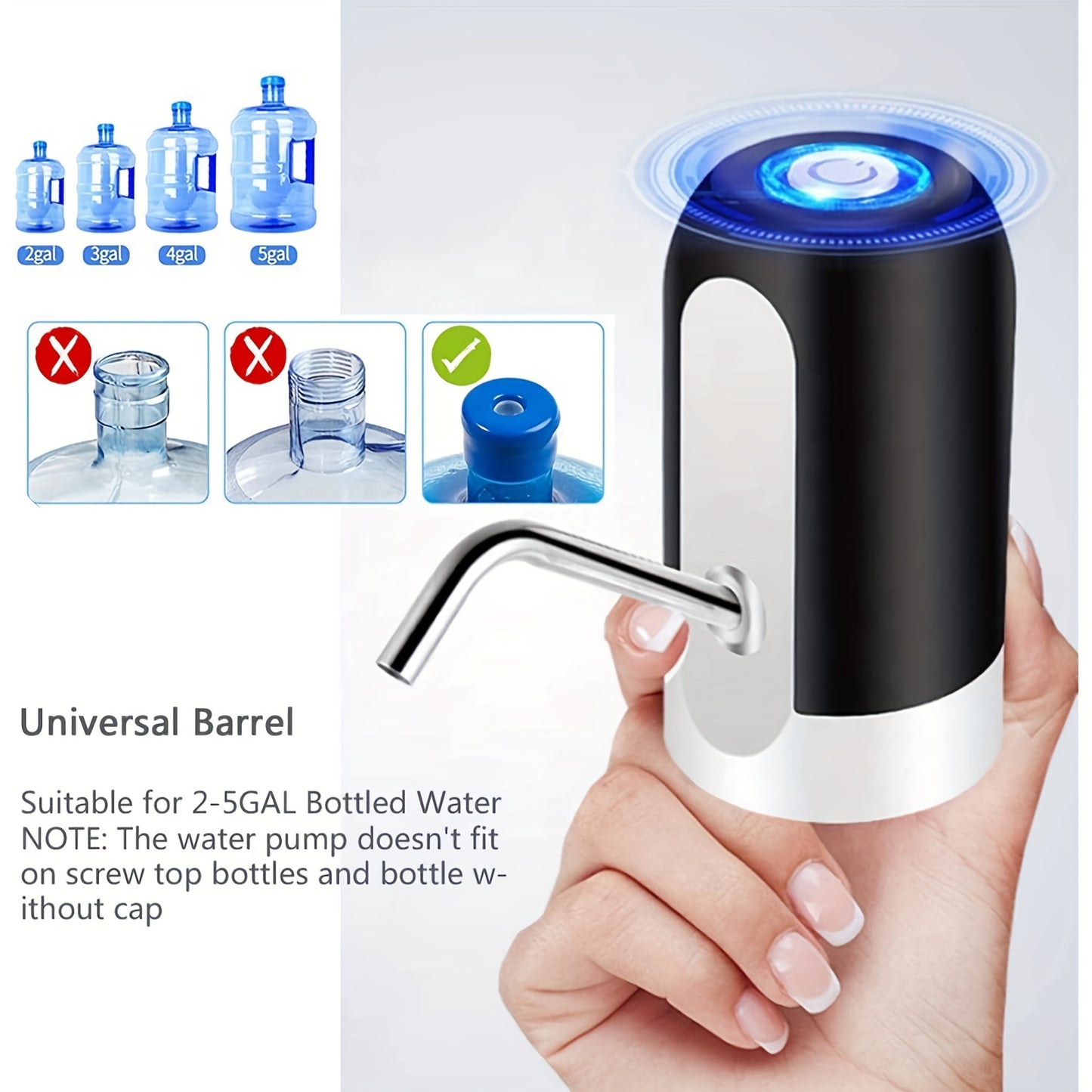 1pc Water Bottle Pump, Electric Water Bottle Pump, USB Rechargeable Automatic Drinking Water Pump For Universal 3-5 Gallon Bottles, Portable Camping Water Dispenser