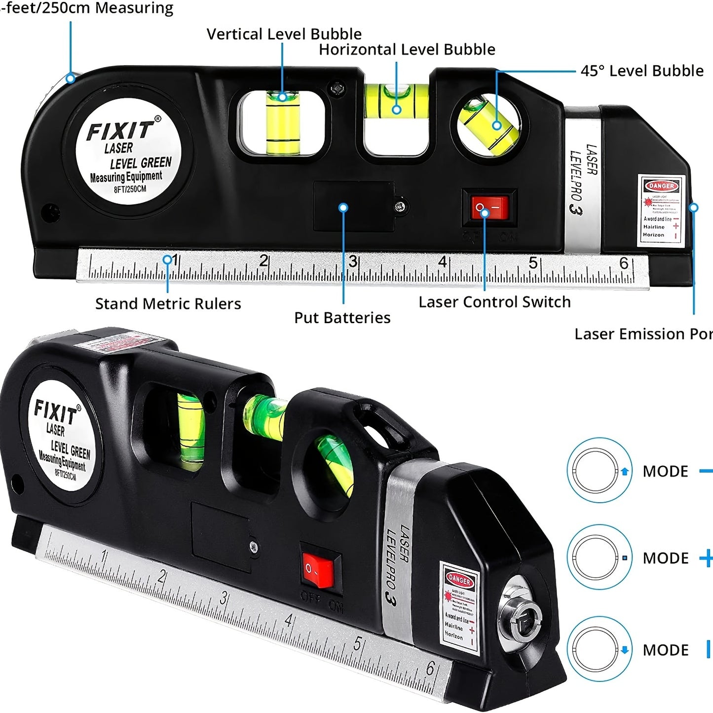 Laser Level, Semlos Multipurpose Line Laser Leveler Tool Cross Line Lasers With 8FT/2.5M Standard Measure Tape And Metric Rulers For Hanging Pictures Tile Walls
