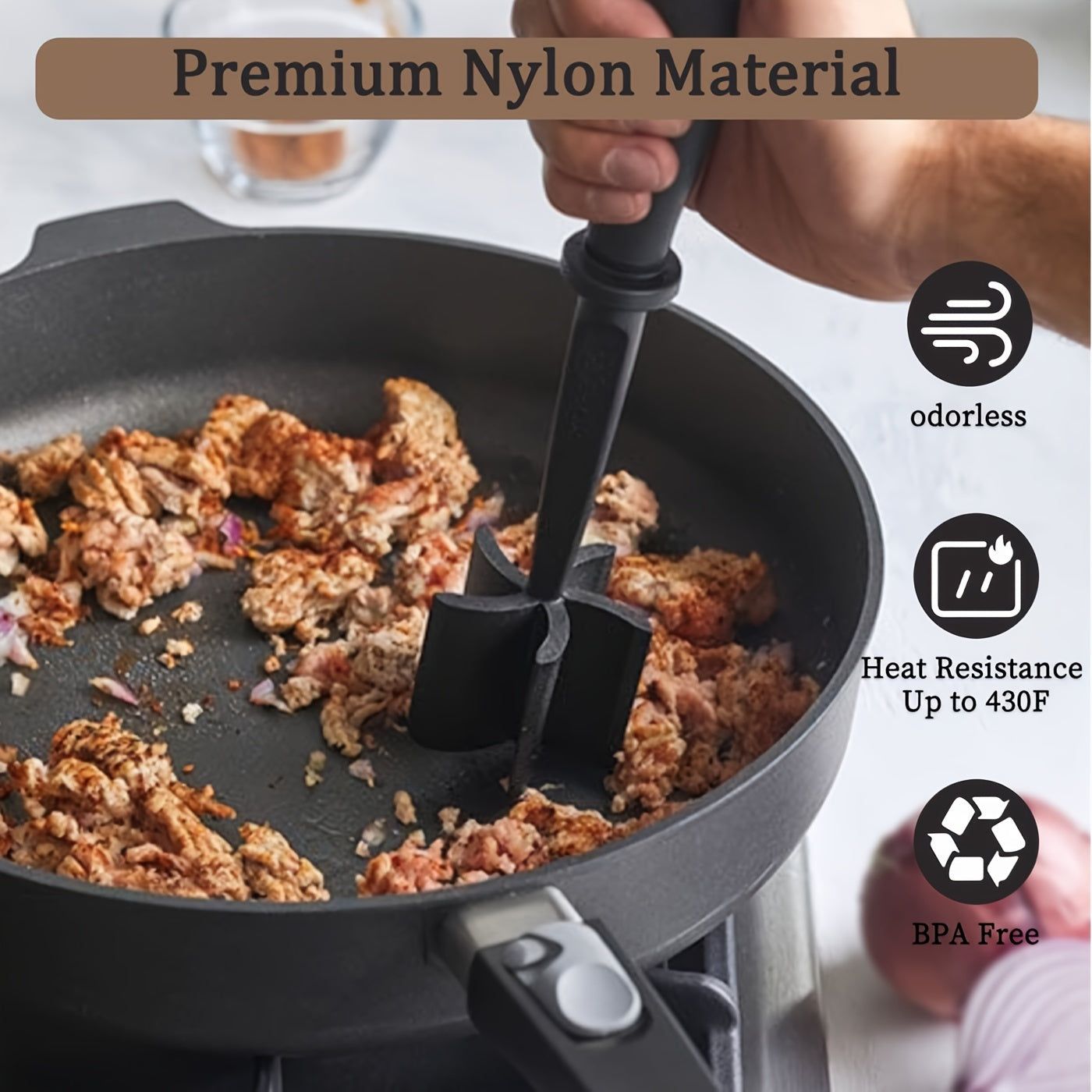 1pc, Meat Chopper, Heat Resistant Meat Masher For Hamburger Meat, Ground Beef Masher, Nylon Hamburger Chopper Utensil, Ground Meat Chopper, Non Stick Mix Chopper For Mix Chop, Potato Masher Tool