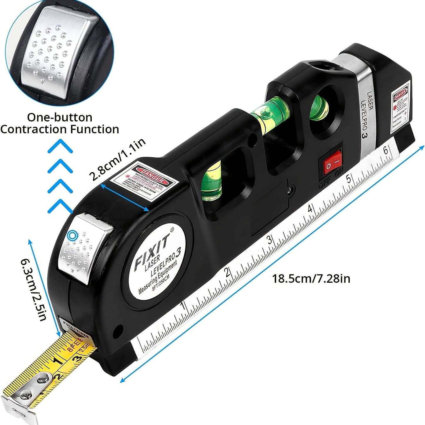 Laser Level, Semlos Multipurpose Line Laser Leveler Tool Cross Line Lasers With 8FT/2.5M Standard Measure Tape And Metric Rulers For Hanging Pictures Tile Walls