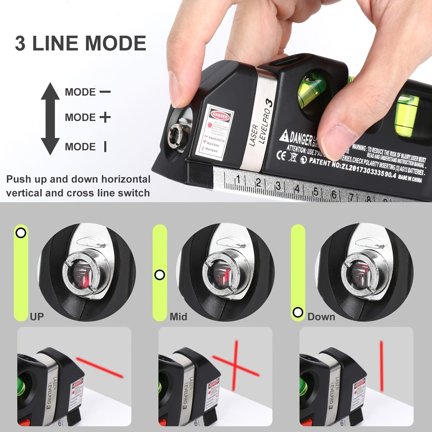 Laser Level, Semlos Multipurpose Line Laser Leveler Tool Cross Line Lasers With 8FT/2.5M Standard Measure Tape And Metric Rulers For Hanging Pictures Tile Walls